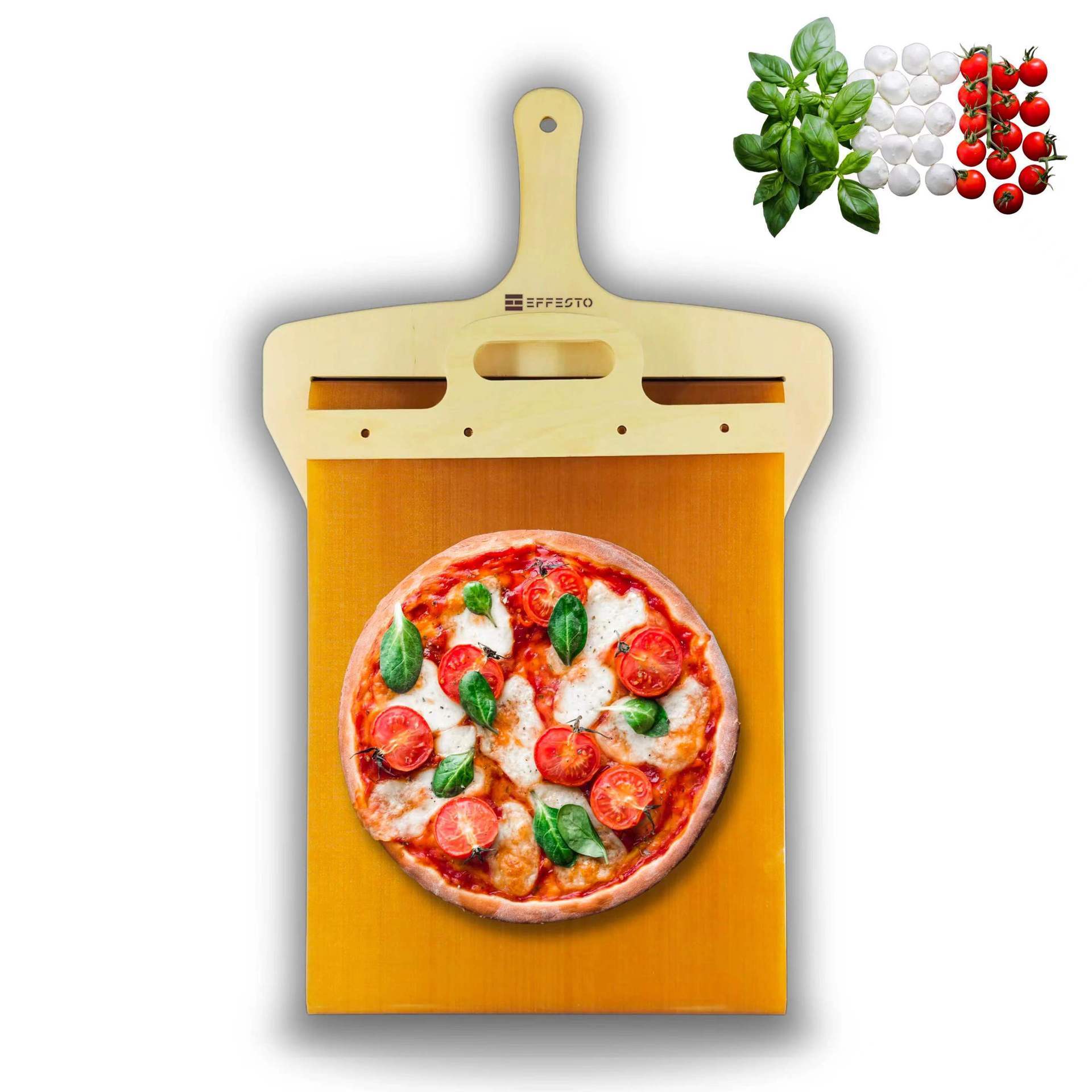Pizza shovel being used with baked goods and pastries