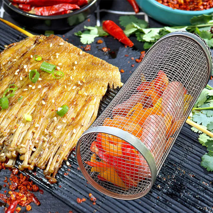 Portable round BBQ grill basket net indoor barbecue use