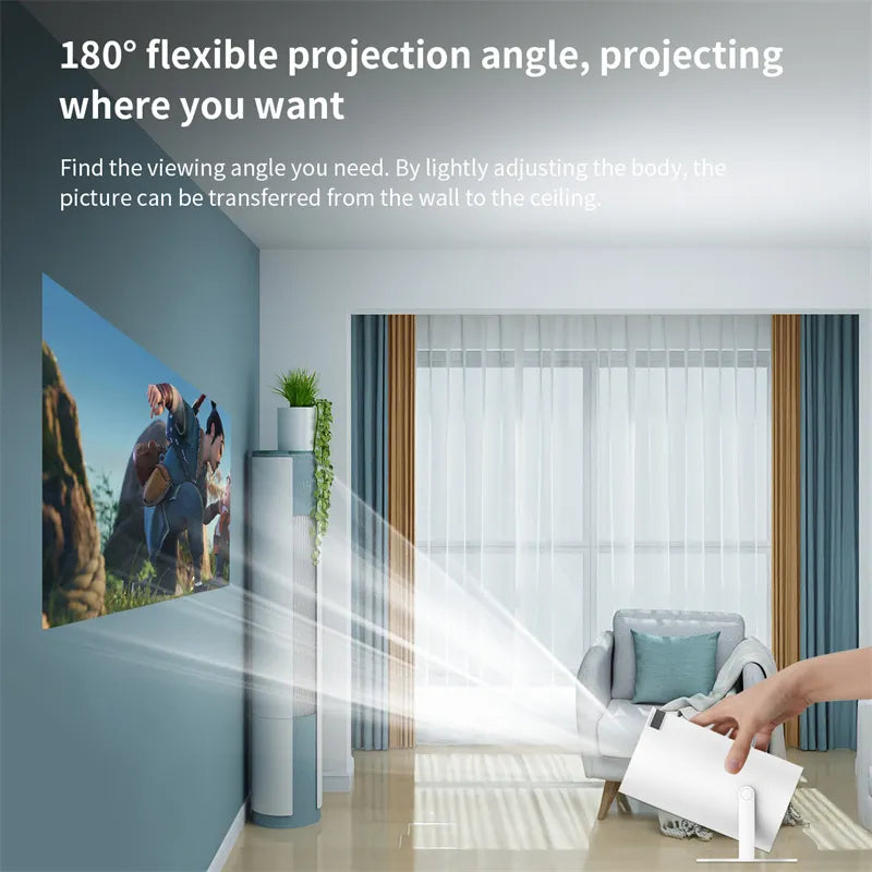 Portable mini home theater projector angled view with lens