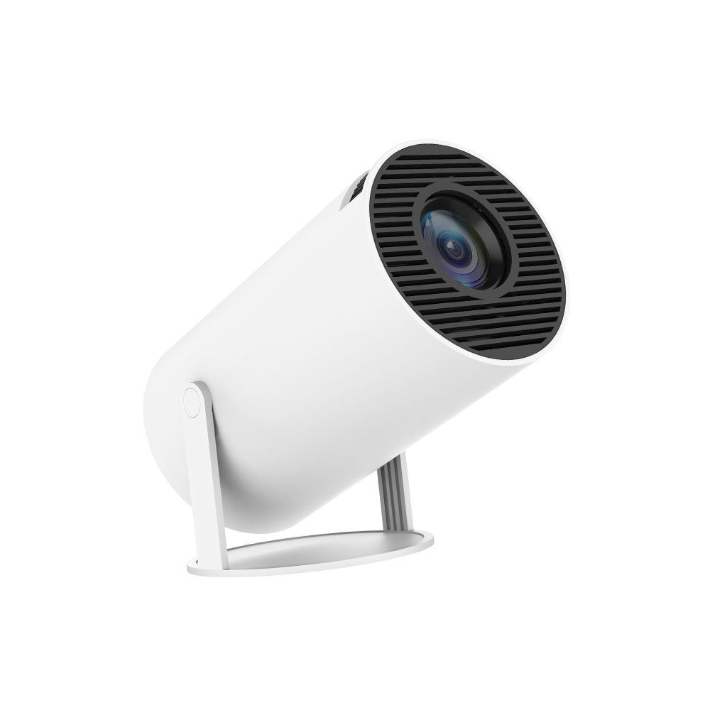 Portable mini home theater projector in white with stand