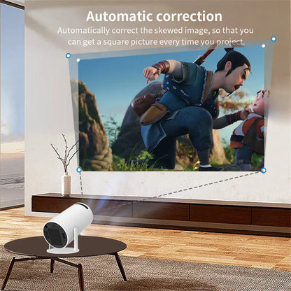 Portable mini home theater projector set up outdoors