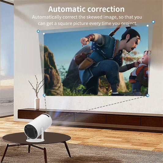 Portable mini home theater projector set up outdoors