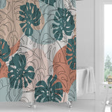 Close-up of one of the 12 hooks clipped to the top of the printed PVC shower curtain on a rod
