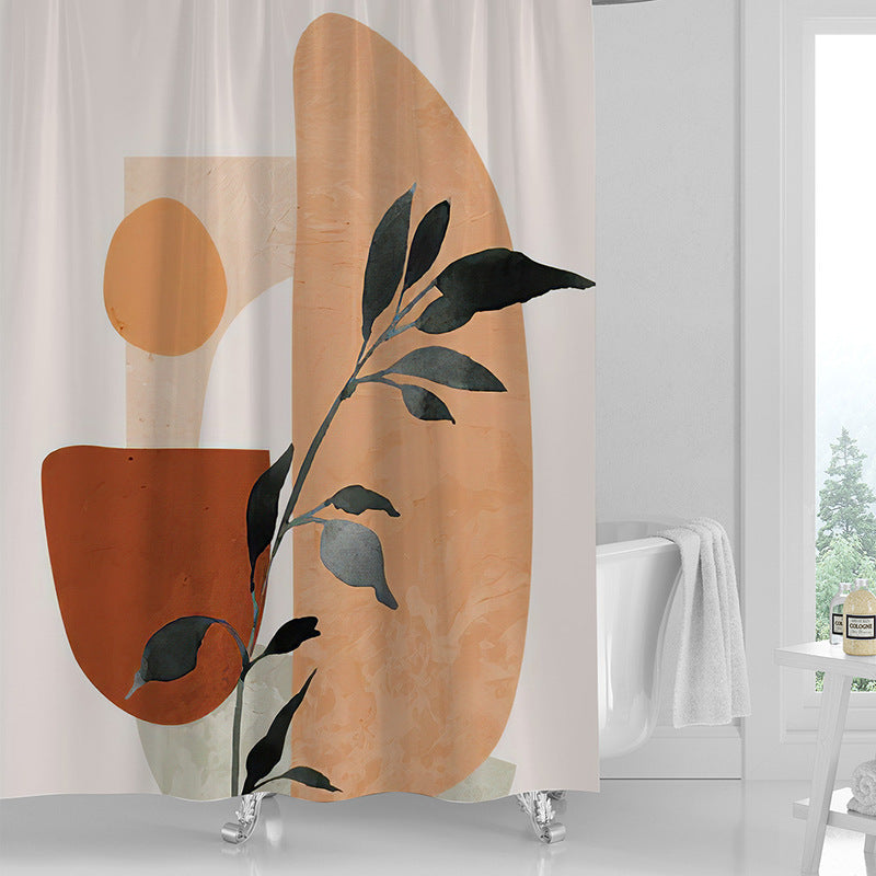 Printed PVC shower curtain with 12 hooks hanging on a standard bathroom rod over a bathtub
