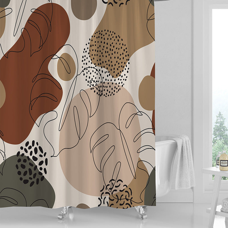 Printed PVC shower curtain being wiped clean with a damp cloth while hanging on the rod
