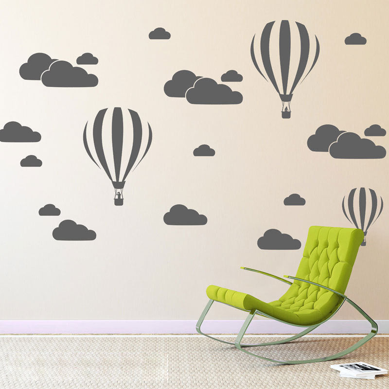PVC hot air balloon and cloud wall stickers black color set