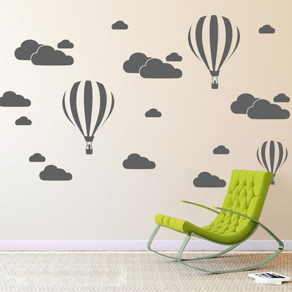 PVC hot air balloon and cloud wall stickers black color set