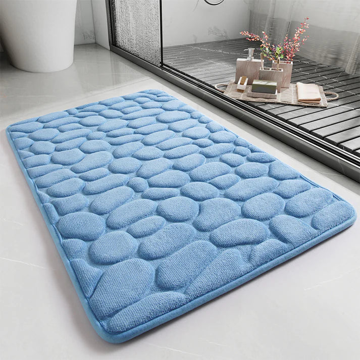 Quick dry bathroom bath mat pebble light blue display shot