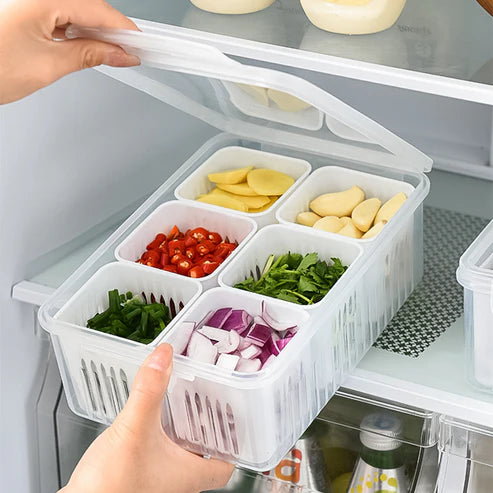Green onion keeper box with chopped vegetables stored in refrigerator compartments