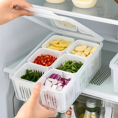 Green onion keeper box with chopped vegetables stored in refrigerator compartments
