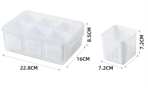 Close-up of plastic compartment container with chopped green onions and fresh vegetables