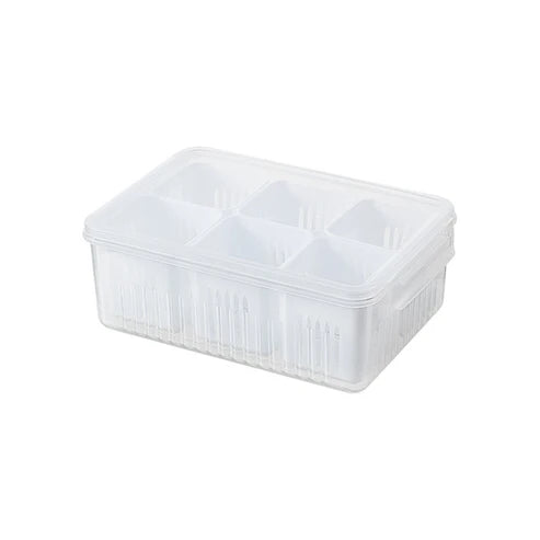 Refrigerator vegetable storage container with open lid showing inner compartment sections