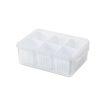 Refrigerator vegetable storage container with open lid showing inner compartment sections