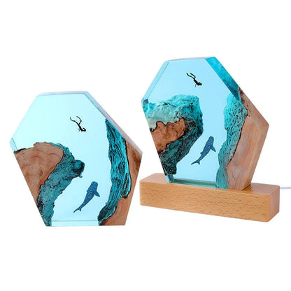Close up of wood base on resin lamp