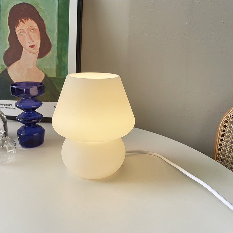 Close-up of the push button switch on the base of the retro glass USB table lamp
