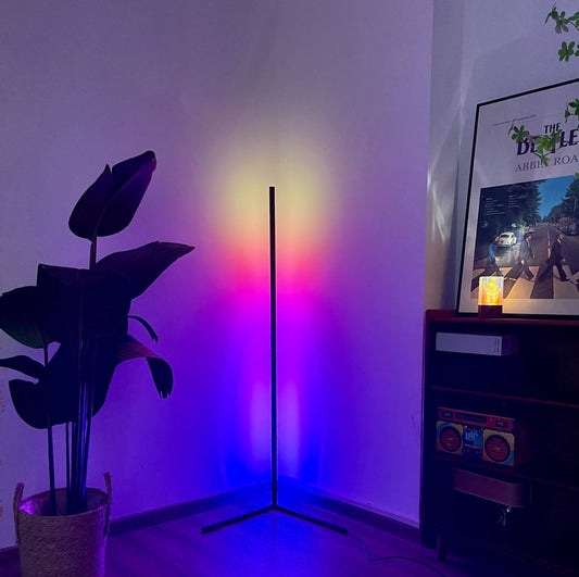 RGB corner floor lamp glowing blue and green