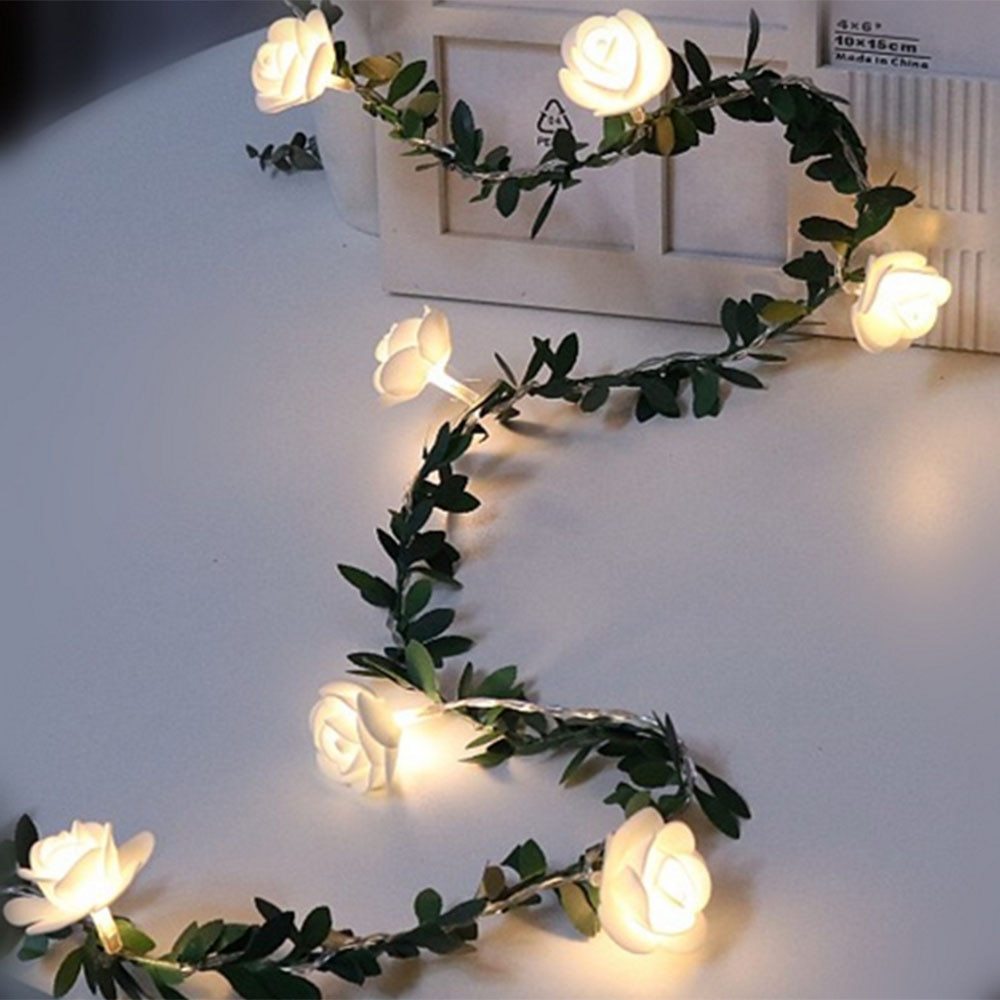 Full rose green leaf garland fairy lights layout