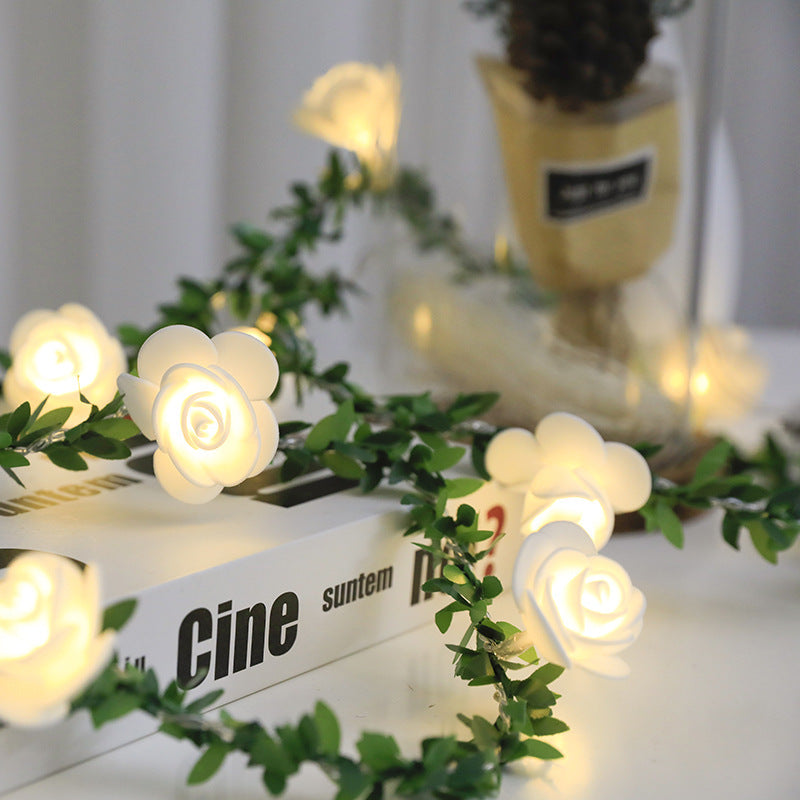 Rose flower vine LED string lights warm white glow close up