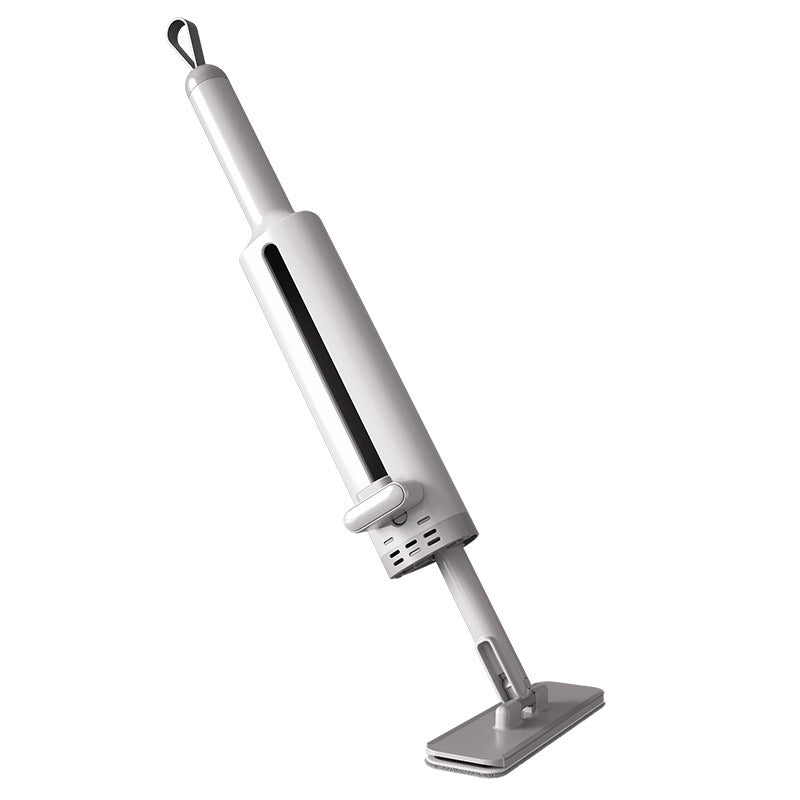 Gray rotatable self squeezing mop standing upright
