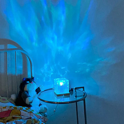Rotating dynamic wave effect night light glowing inside a cozy room