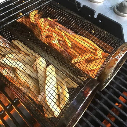 Round BBQ basket net grilling meat on barbecue grill