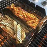 Round BBQ basket net grilling meat on barbecue grill