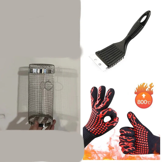 Round BBQ grill basket net with heat resistant gloves and brush set