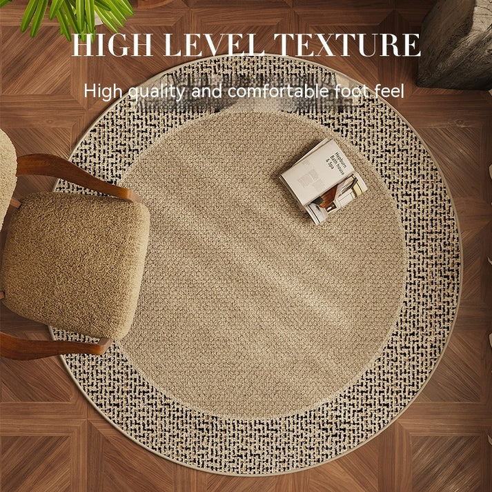 Round living room carpet in browny color top view showing woven texture detail