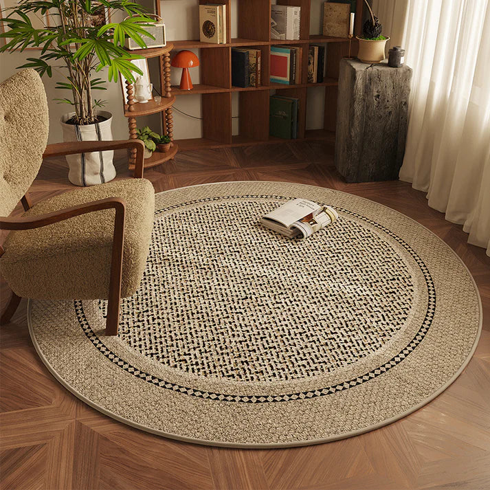 Close-up of woven polypropylene texture on round living room carpet surface
