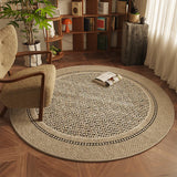 Close-up of woven polypropylene texture on round living room carpet surface
