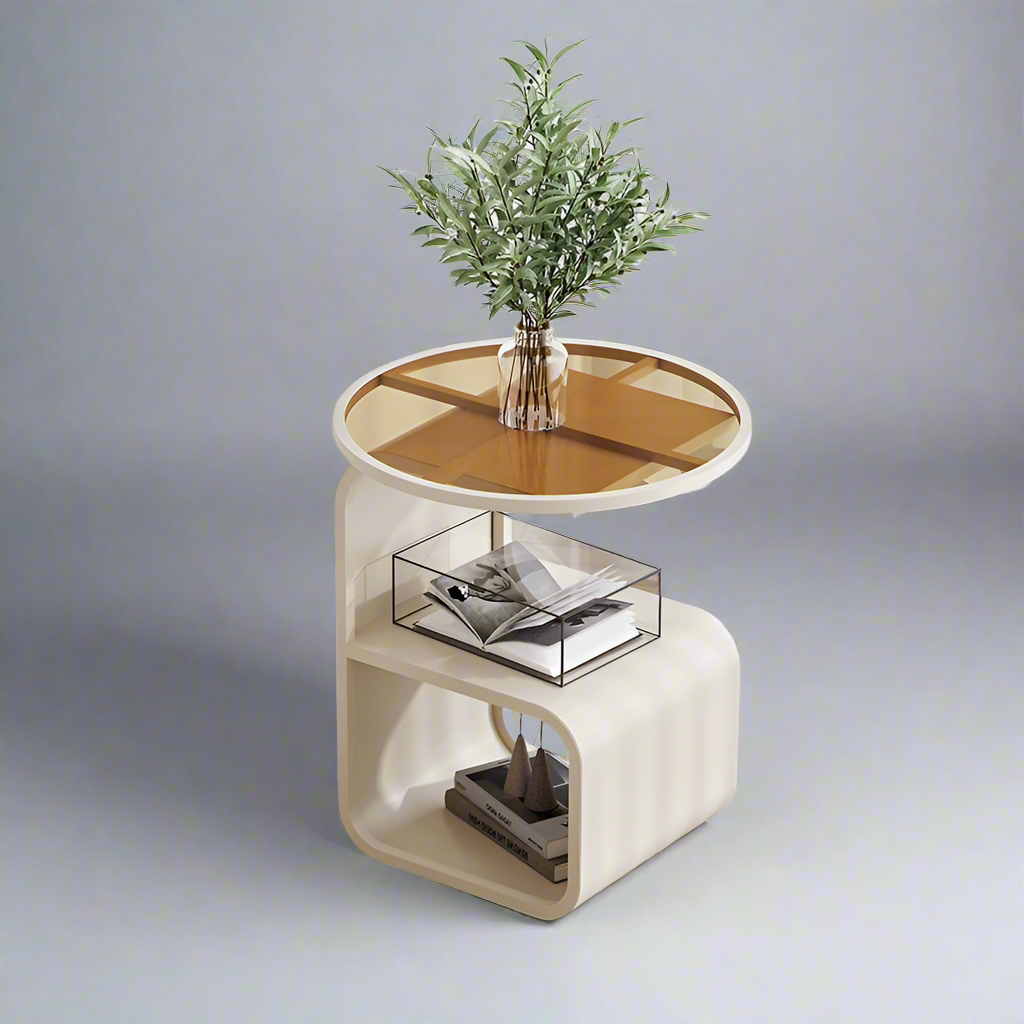 Close-up of the solid metal frame legs on the modern round glass sofa side table
