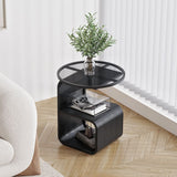 Round glass sofa side table shown at 45x50x30cm size beside a sofa arm for scale
