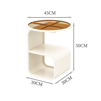 Milky white and black round glass side table options shown side by side for color comparison
