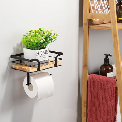 Close-up of the solid iron frame on the rustic wood farmhouse toilet paper holder
