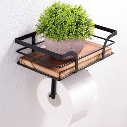 Rustic wood and iron freestanding toilet paper holder sitting on a toilet tank top
