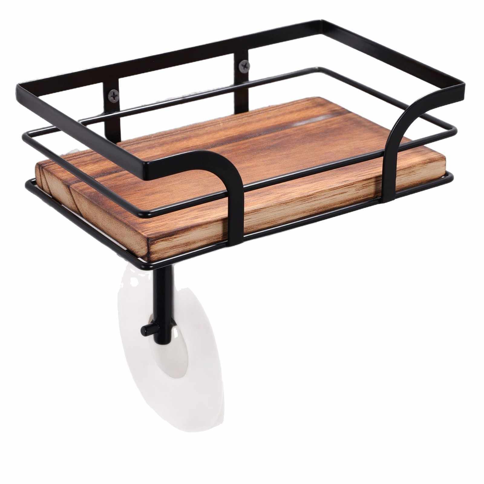 Close-up of the natural wood grain texture on the rustic freestanding tissue holder
