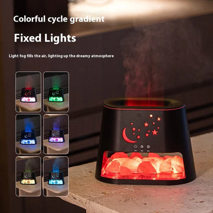 Close-up of salt lamp flame gradient colorful light effect on ultrasonic diffuser