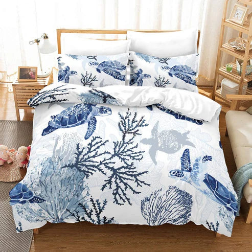 Sea turtle bedding set blue coastal duvet cover queen bedroom