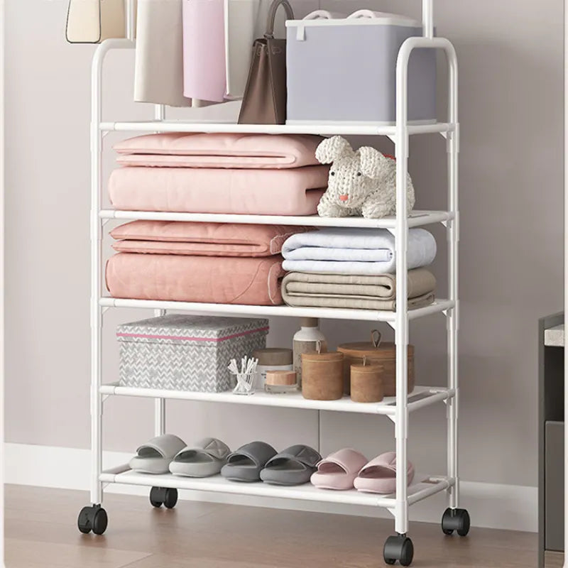 Close up of five layer storage shelves on shoe and hat rack