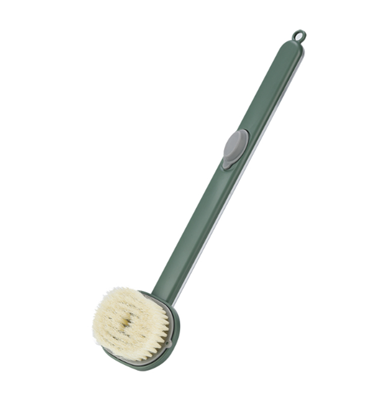 Green shower brush with long handle and soft bristles