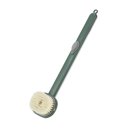 Green shower brush with long handle and soft bristles
