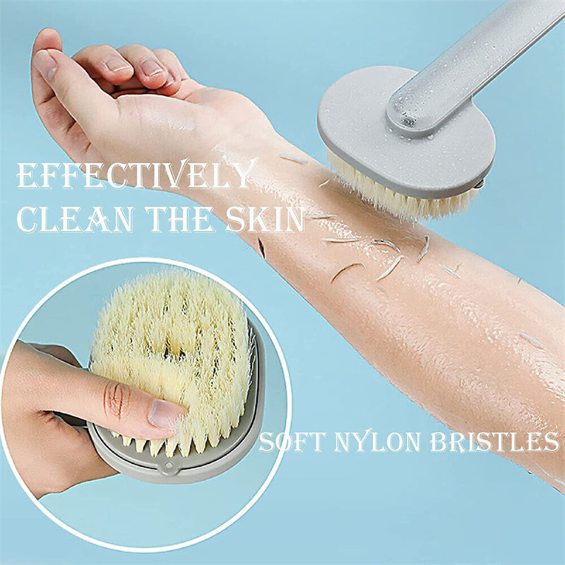 Shower brush handle with hanging loop for storage
