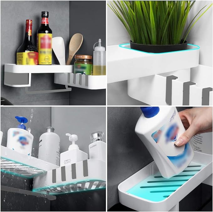 Shower shelf organizer set up with bathroom accessories