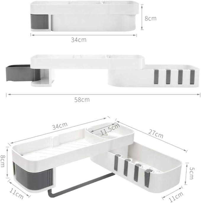 Rotating shower shelf shown folded for storage