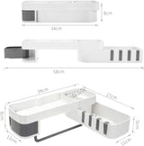 Rotating shower shelf shown folded for storage