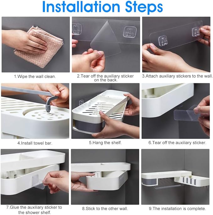 Installation steps for no drill shower shelf