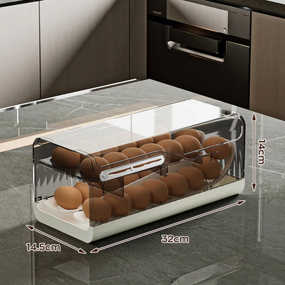 Slide egg holder storage box drawer open view kitchen organizer