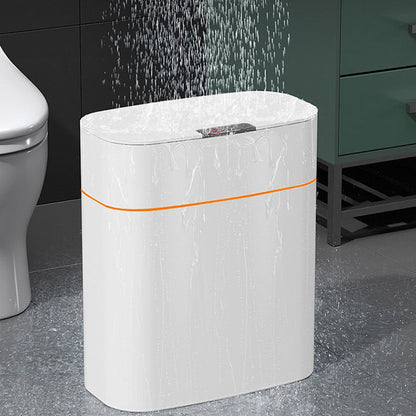 Cream white smart touchless trash can in bathroom