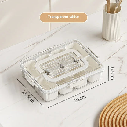 Divided snack box organizer with open lid showing 8 compartments filled with food