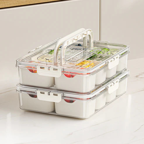 Snack box organizer with removable divided tray showing inner storage compartments